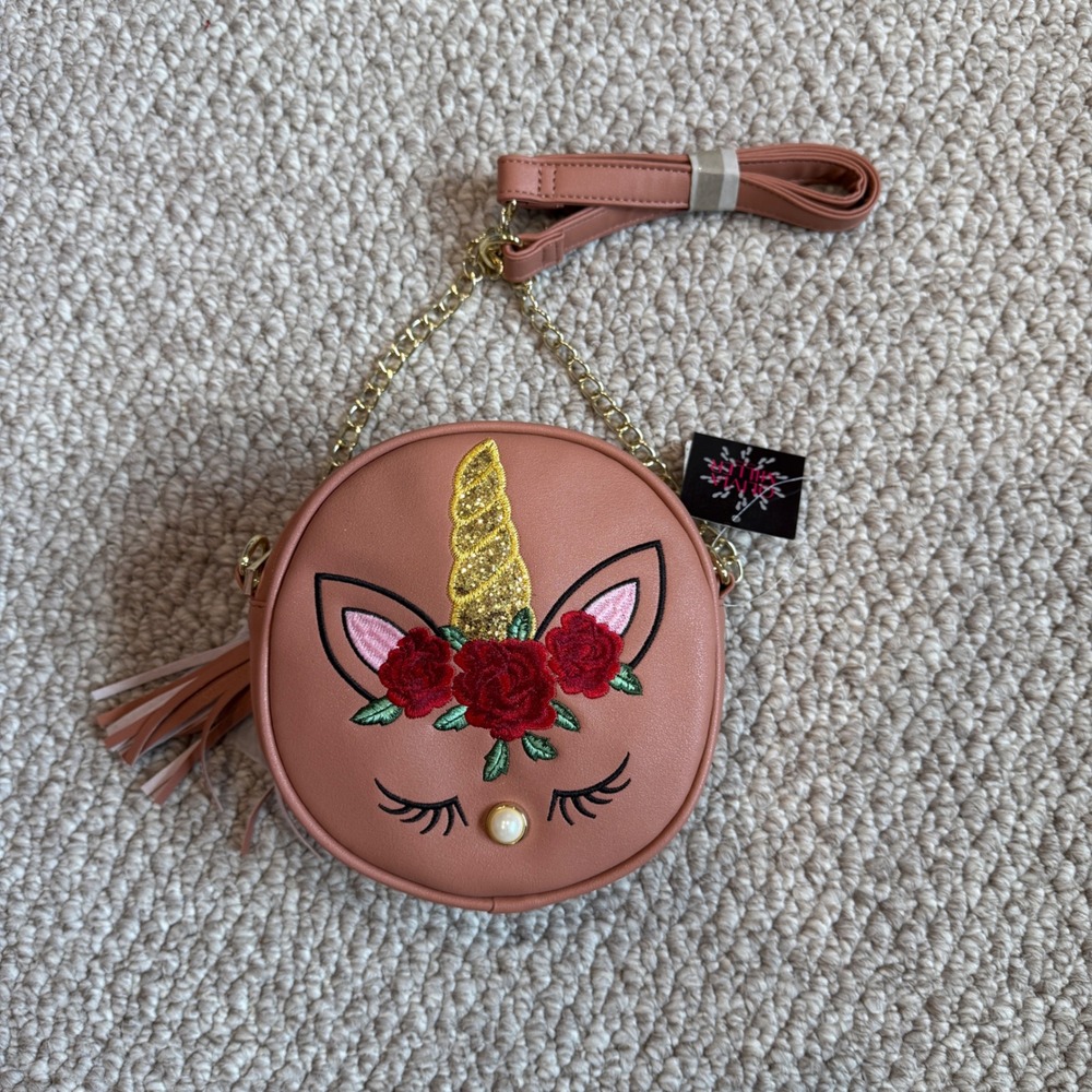 Olivia Miller Girls Pink Unicorn Crossbody Bag Gold Glitter Horn Floral NWT